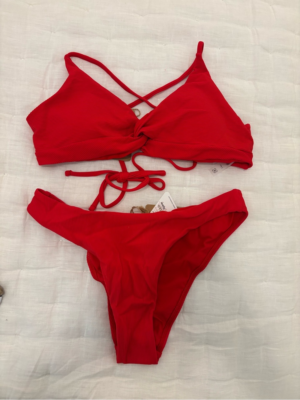 Women’s Red Ribbed Tie-Back Bikini Set